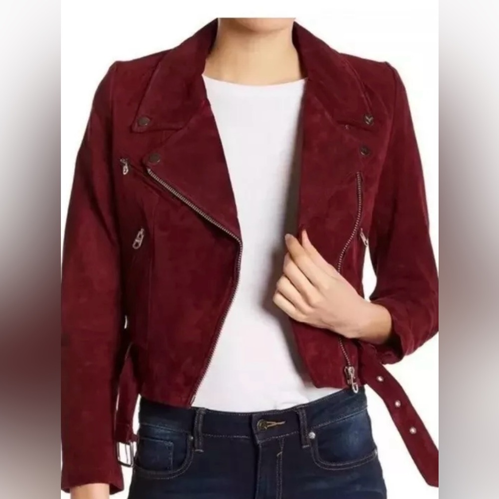 Price Firm NWT Vigoss Red Suede Moto Jacket, Size Extra Small.